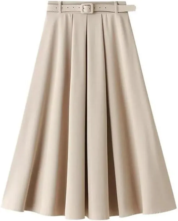 Women's Korean Style Spring High Waist A - Line Midi Skirt with Belt Elegant Long Skirt for Women