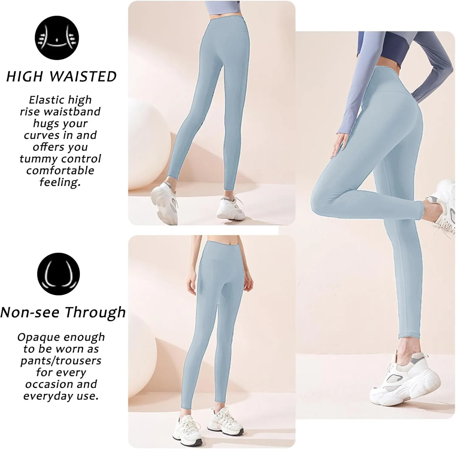 Women's Leggings High Waist Yoga Pants No See Through Workout Gym Capris, Tummy Control Sports Training Pant for Women