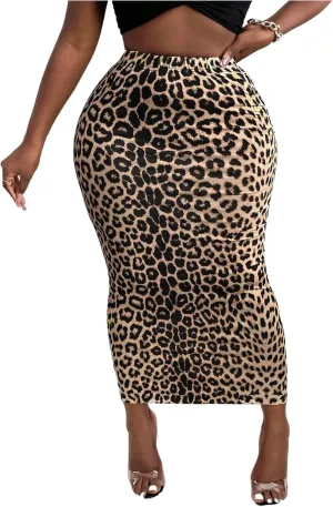 Women's Leopard High Waisted Bodycon Skirts Y2K Skinny Pencil Midi Skirt
