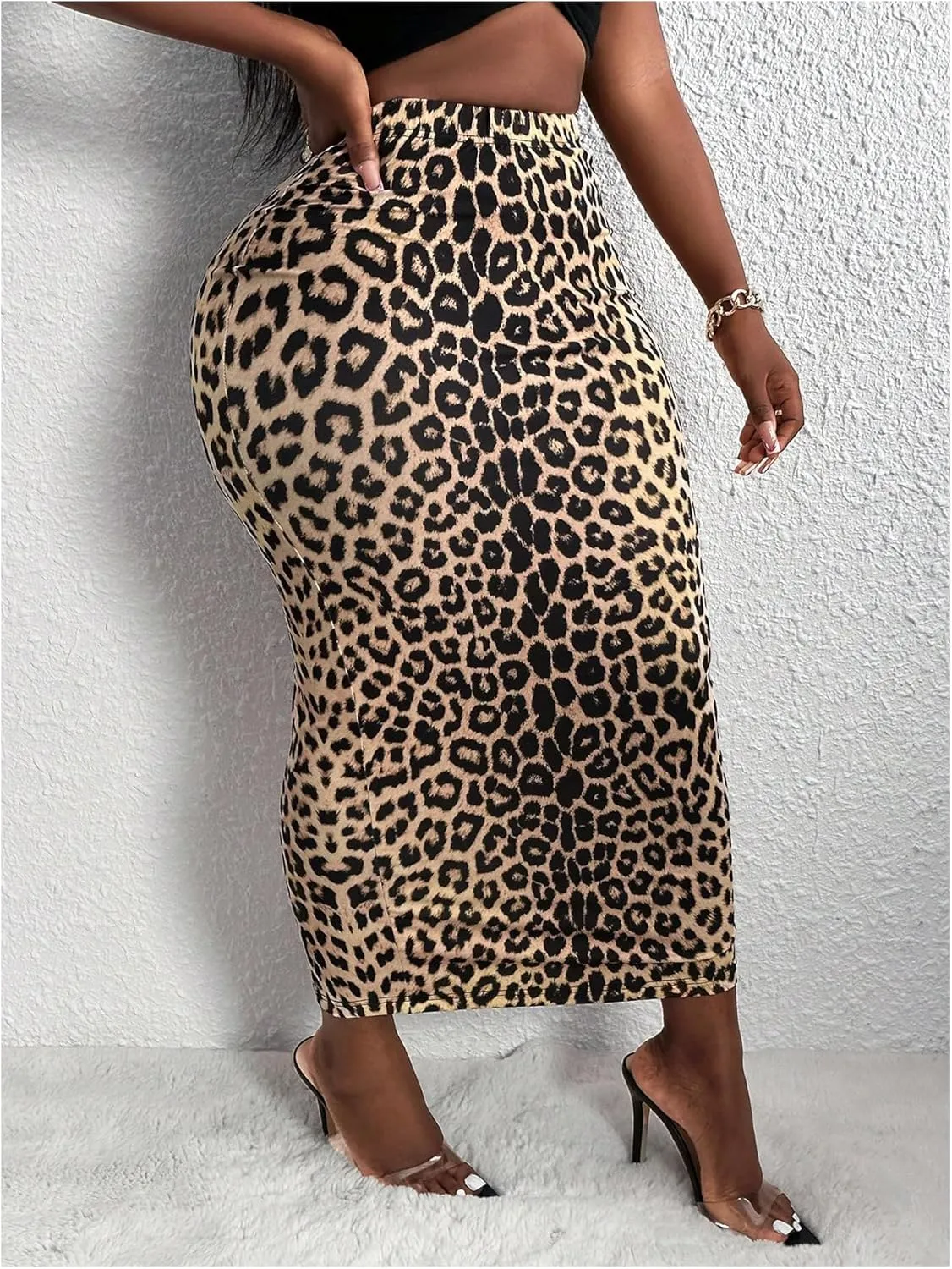 Women's Leopard High Waisted Bodycon Skirts Y2K Skinny Pencil Midi Skirt