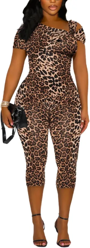 Womens Leopard Jumpsuit Irregular Shoulder Top Slim Capri Pants Sexy Party Club One Piece Jumpsuit