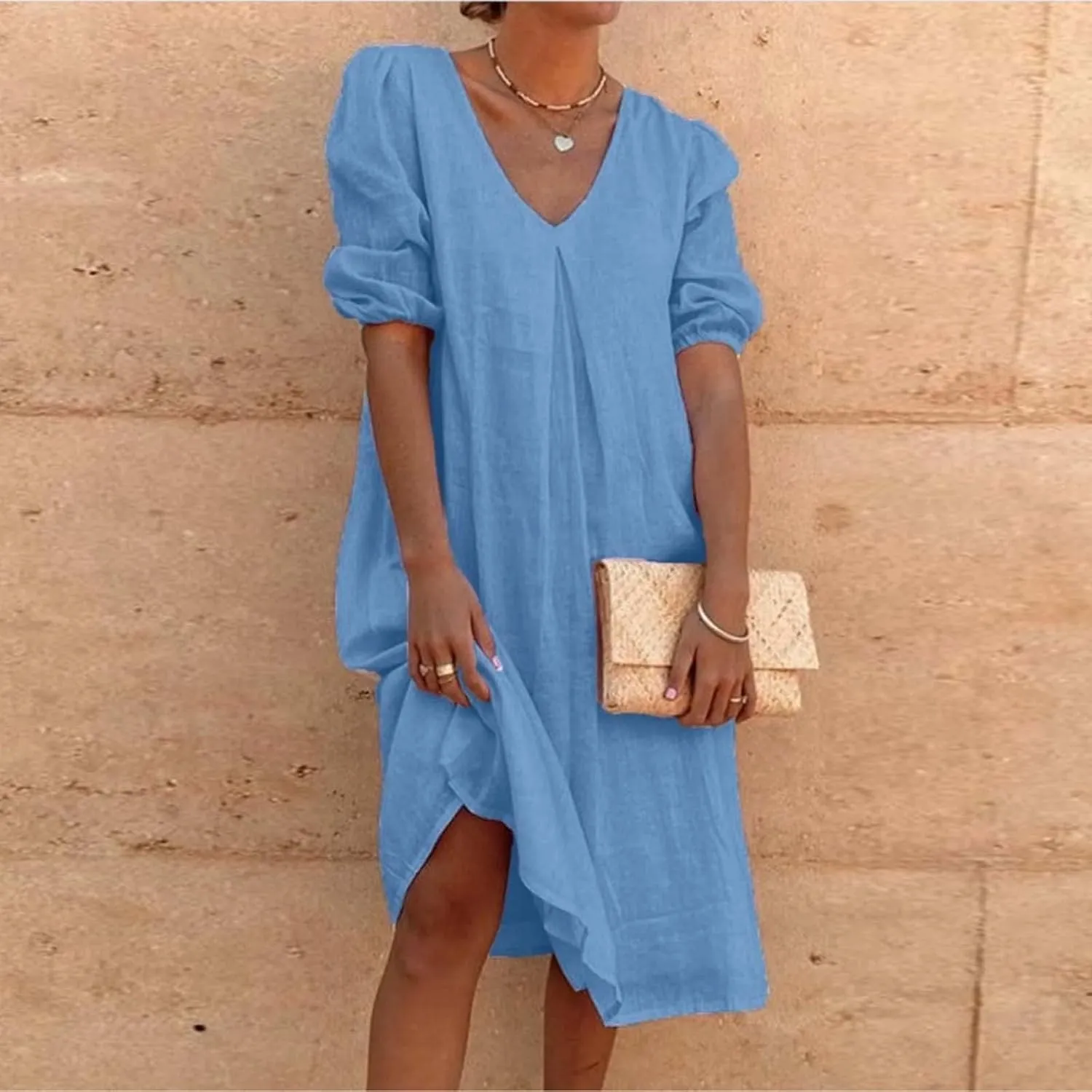 Womens Linen Dress V Neck Puff Sleeve Tunic Dress Solid Color Casual Loose Vacation Summer Beach Midi Dresses