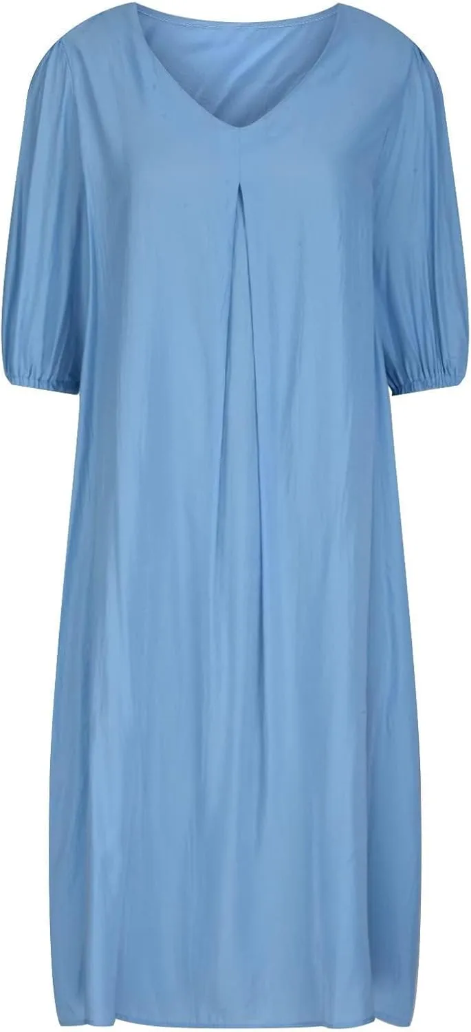 Womens Linen Dress V Neck Puff Sleeve Tunic Dress Solid Color Casual Loose Vacation Summer Beach Midi Dresses