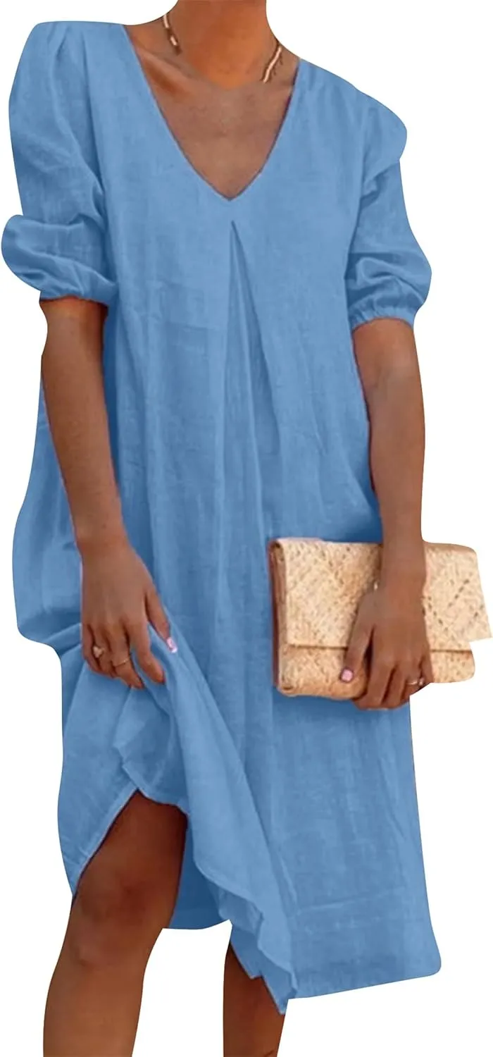 Womens Linen Dress V Neck Puff Sleeve Tunic Dress Solid Color Casual Loose Vacation Summer Beach Midi Dresses