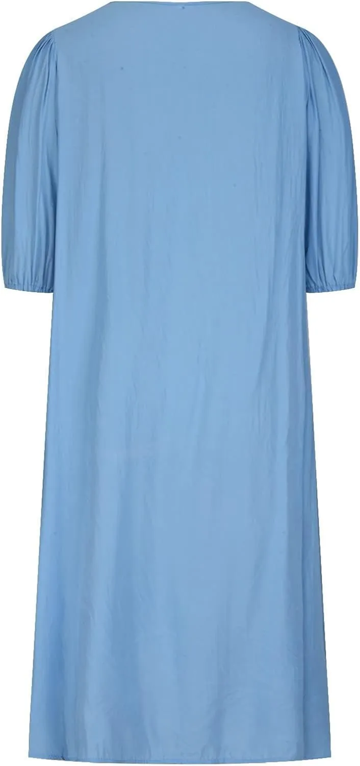 Womens Linen Dress V Neck Puff Sleeve Tunic Dress Solid Color Casual Loose Vacation Summer Beach Midi Dresses