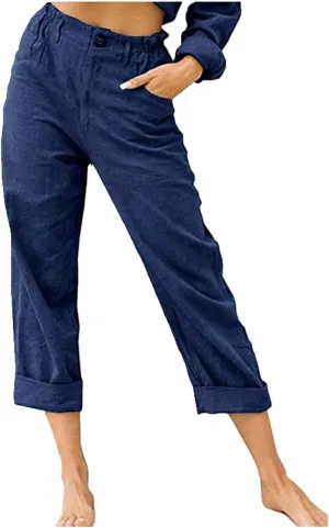 Womens Linen Pants Summer Casual Palazzo Straight Pants for Women Drawstring Botton Down Long Trousers Comfy Linen Pants, Medium, #B6-dark Blue