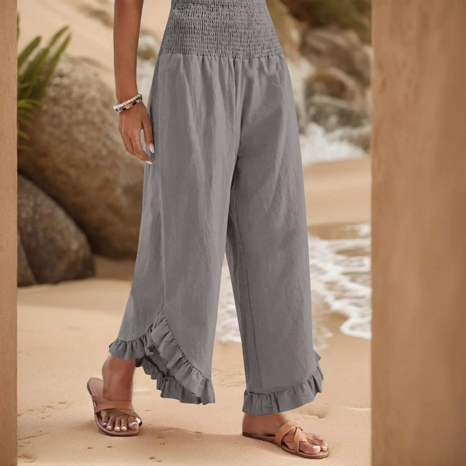 Womens Linen Pants Summer Wide Leg Smocked Waist Ruffle Hem Palazzo Pants Boho Flowy Beach Casual Trousers with Pockets