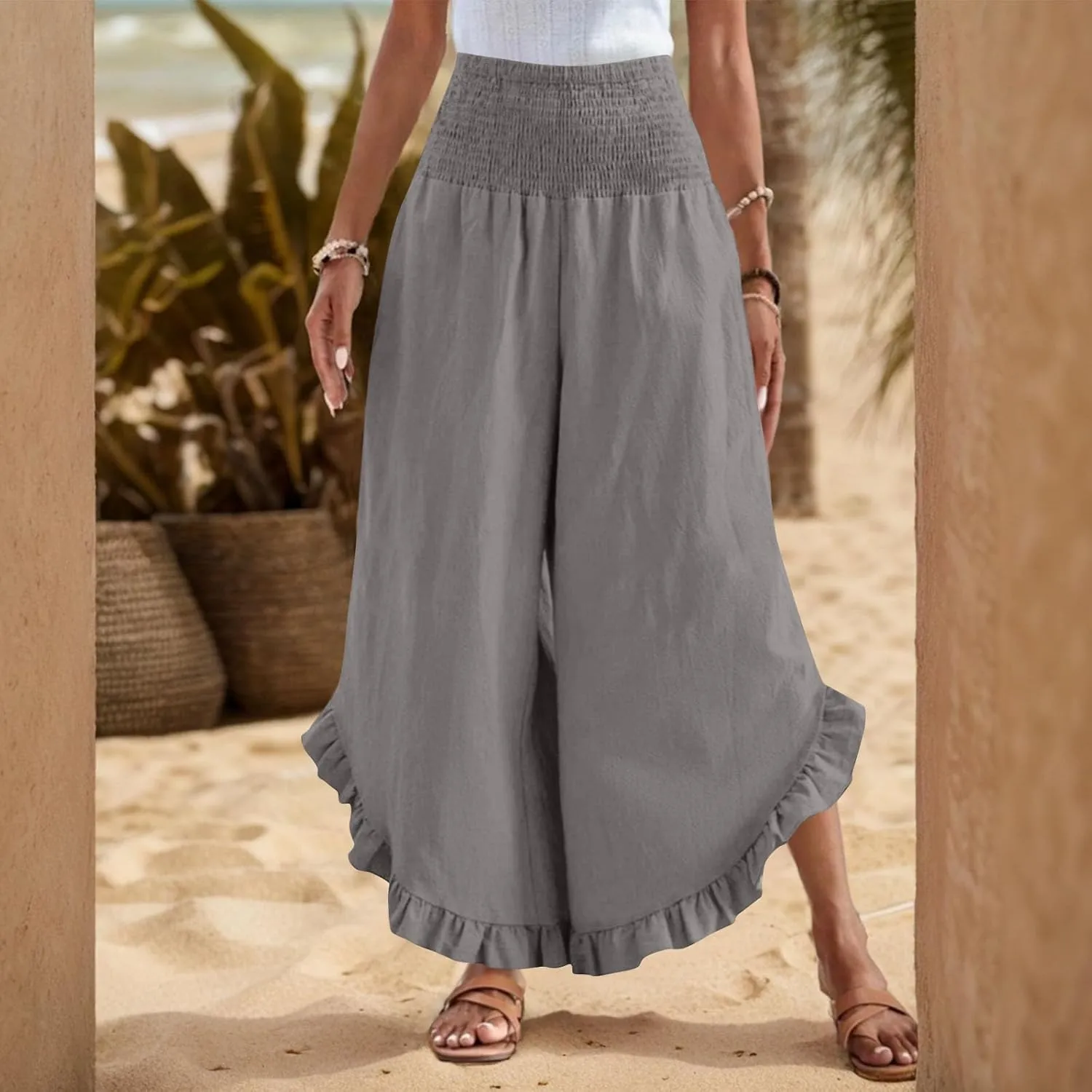 Womens Linen Pants Summer Wide Leg Smocked Waist Ruffle Hem Palazzo Pants Boho Flowy Beach Casual Trousers with Pockets
