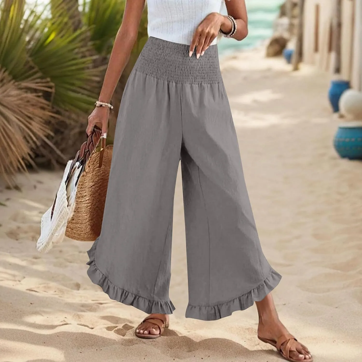 Womens Linen Pants Summer Wide Leg Smocked Waist Ruffle Hem Palazzo Pants Boho Flowy Beach Casual Trousers with Pockets