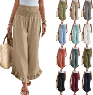 Womens Linen Pants Summer Wide Leg Smocked Waist Ruffle Hem Palazzo Pants Boho Flowy Beach Casual Trousers with Pockets