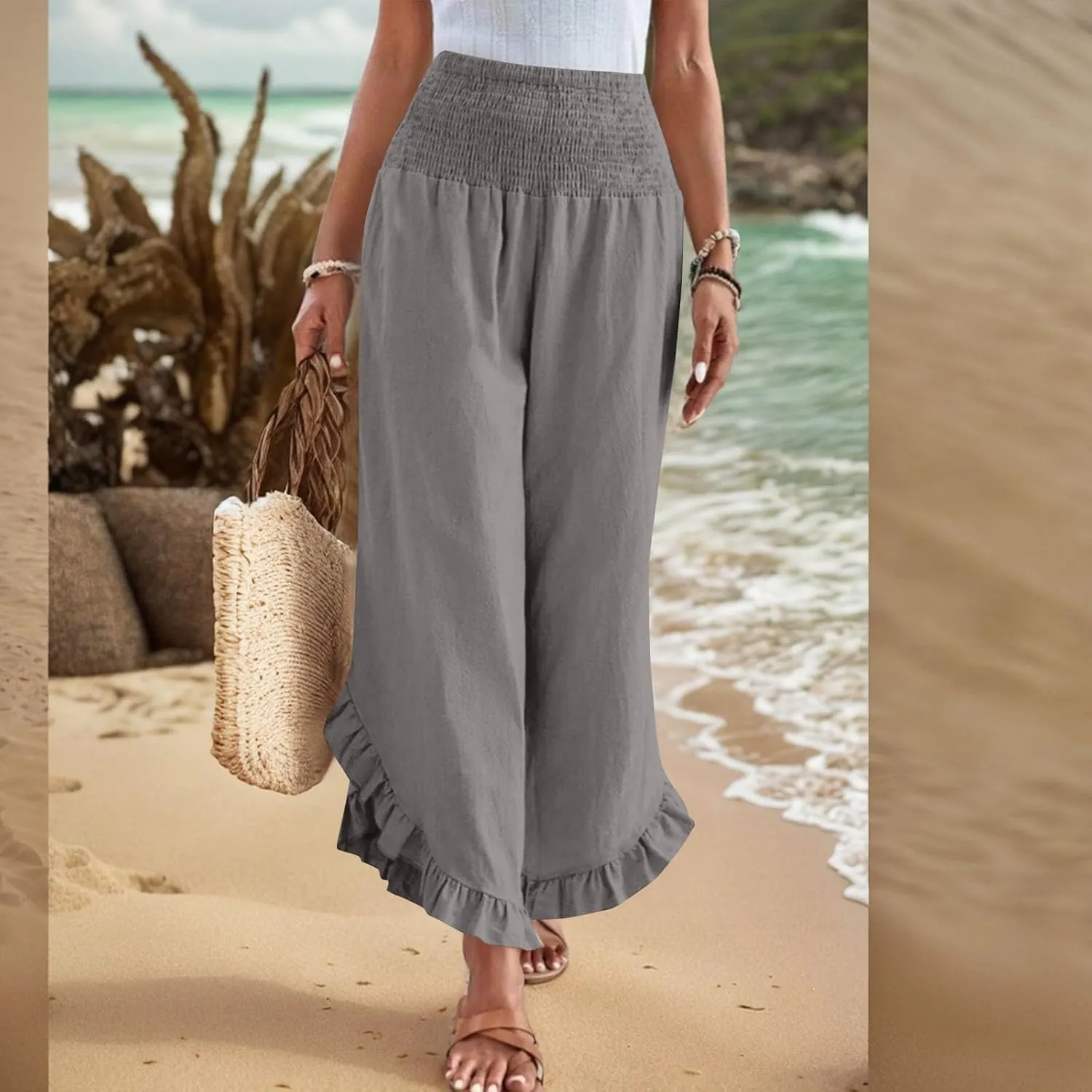 Womens Linen Pants Summer Wide Leg Smocked Waist Ruffle Hem Palazzo Pants Boho Flowy Beach Casual Trousers with Pockets