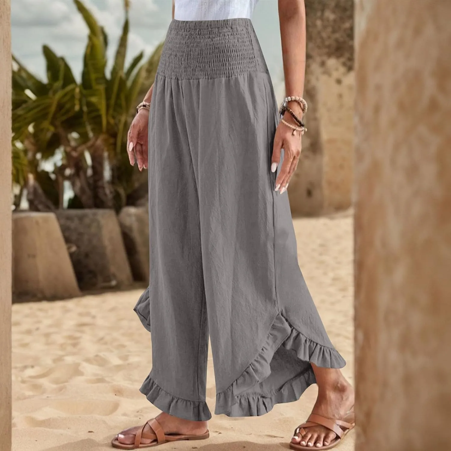 Womens Linen Pants Summer Wide Leg Smocked Waist Ruffle Hem Palazzo Pants Boho Flowy Beach Casual Trousers with Pockets