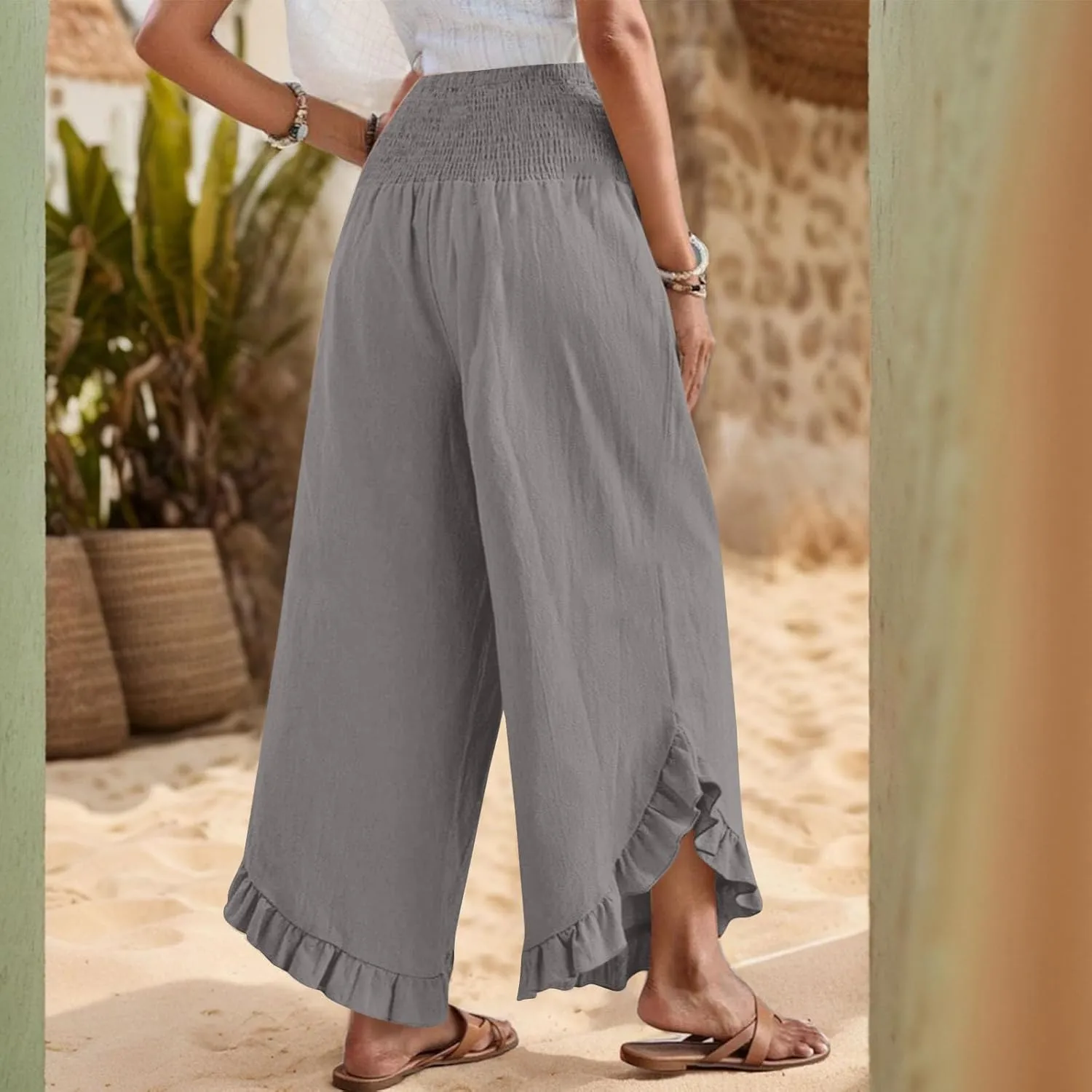Womens Linen Pants Summer Wide Leg Smocked Waist Ruffle Hem Palazzo Pants Boho Flowy Beach Casual Trousers with Pockets