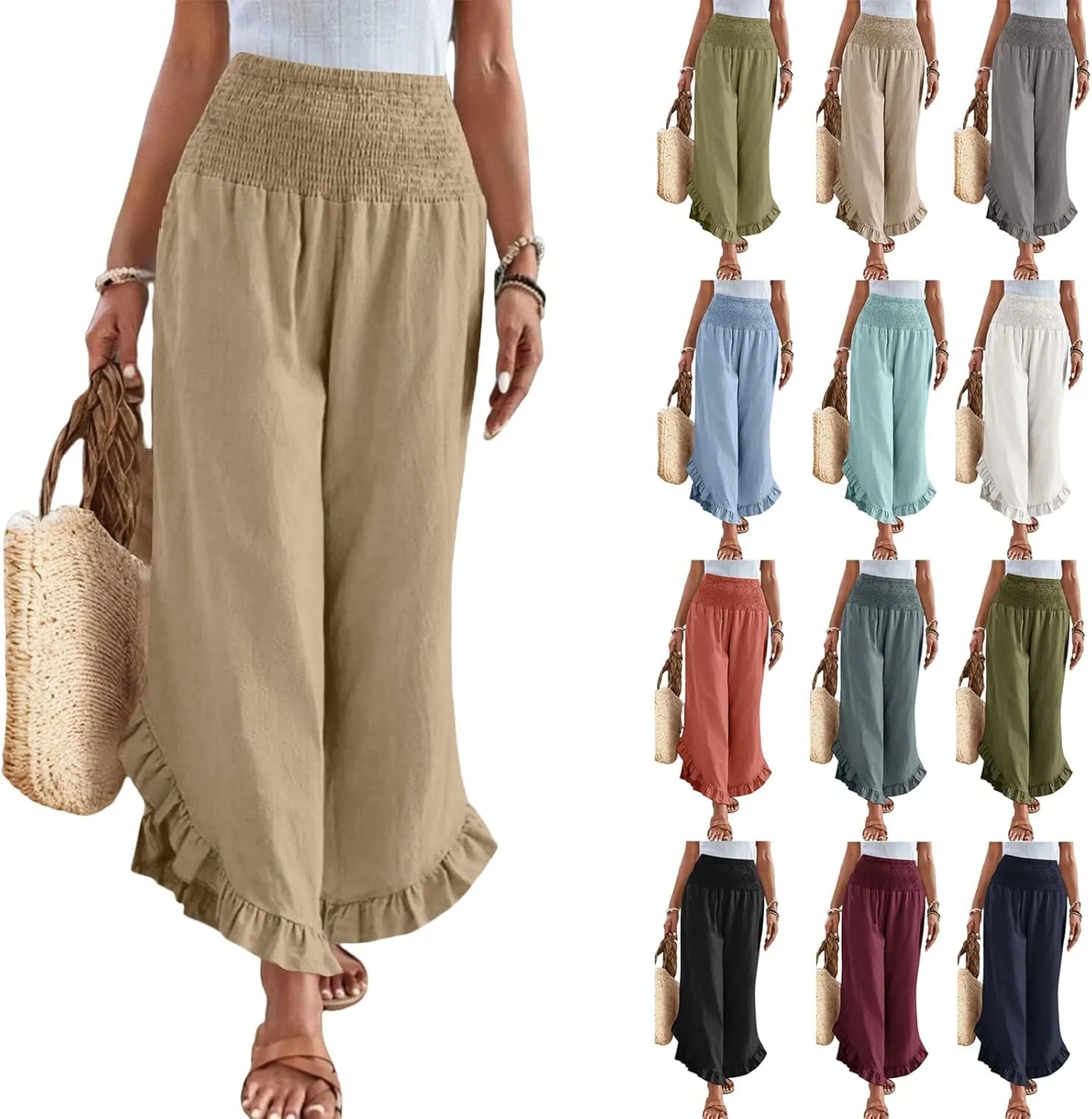 Womens Linen Pants Summer Wide Leg Smocked Waist Ruffle Hem Palazzo Pants Boho Flowy Beach Casual Trousers with Pockets