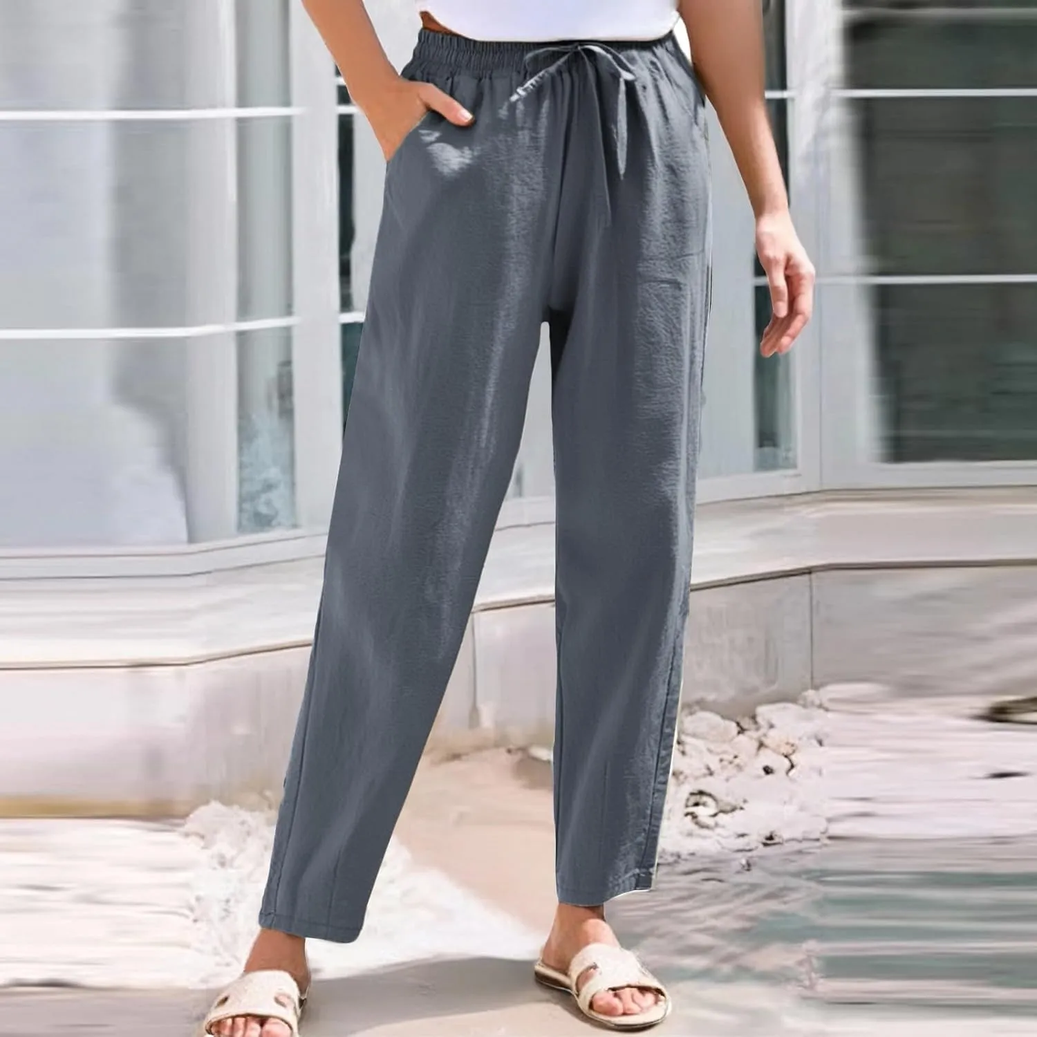 Women's Linen Straight Leg Pants Cotton Elastic Drawstring Casual Trousers with Pockets Summer Beach Lounge Pants