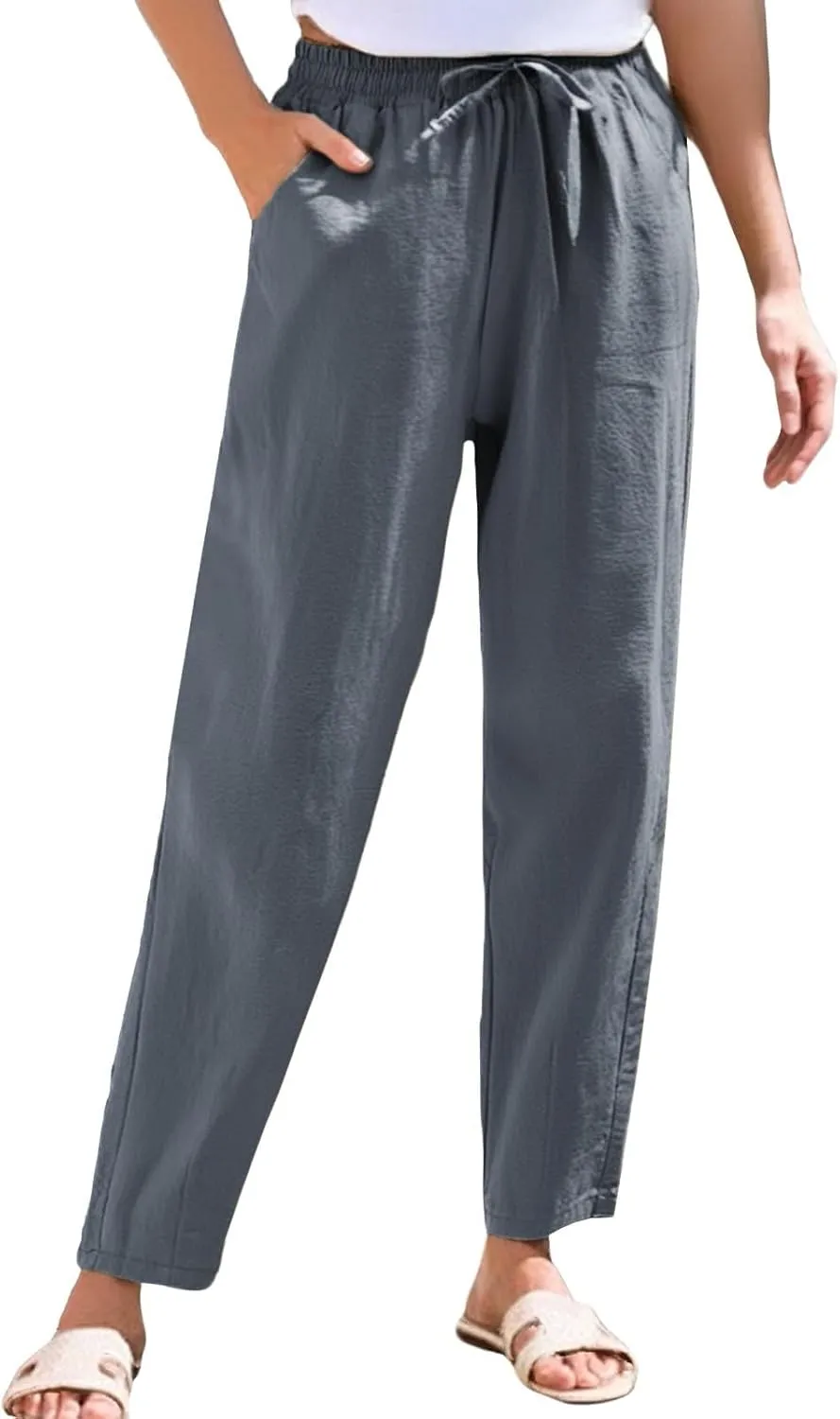 Women's Linen Straight Leg Pants Cotton Elastic Drawstring Casual Trousers with Pockets Summer Beach Lounge Pants