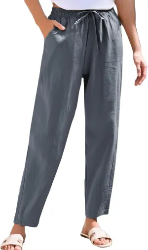Women's Linen Straight Leg Pants Cotton Elastic Drawstring Casual Trousers with Pockets Summer Beach Lounge Pants
