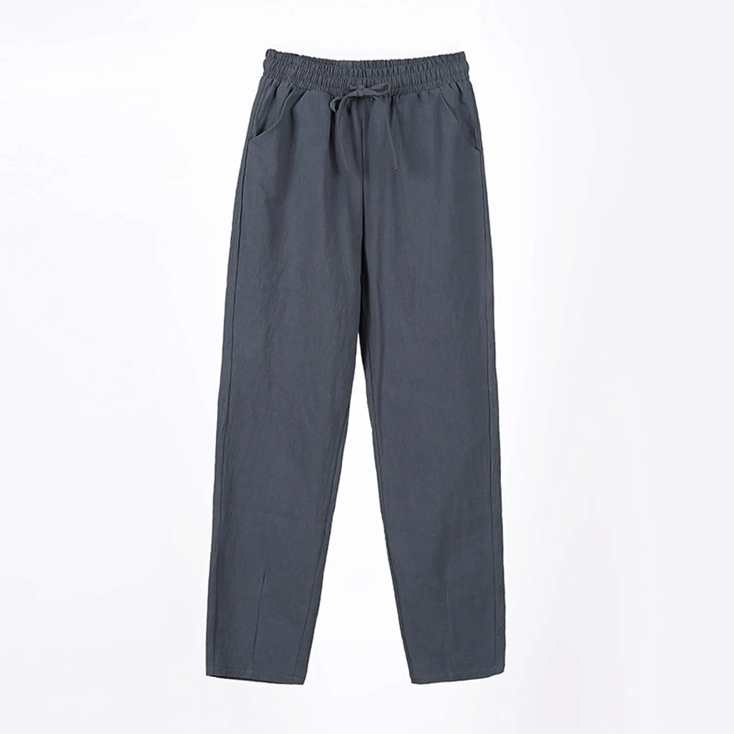 Women's Linen Straight Leg Pants Cotton Elastic Drawstring Casual Trousers with Pockets Summer Beach Lounge Pants