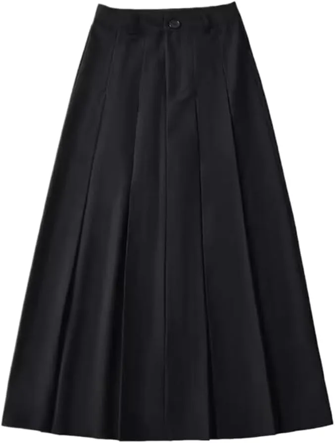 Women's Long Pleated Midi Skirt British Style Zipper High-Waisted Ankle-Length A-line