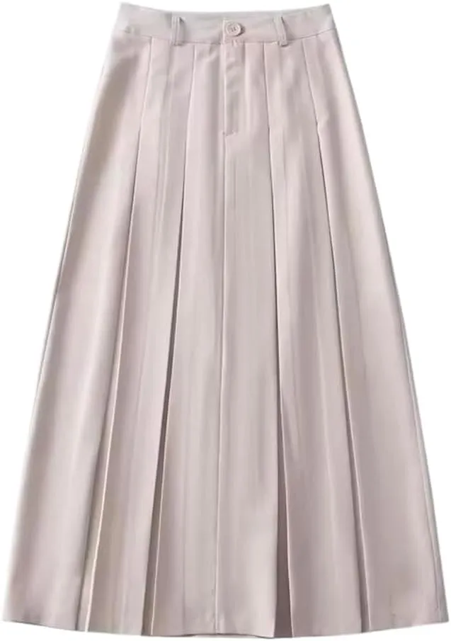 Women's Long Pleated Midi Skirt British Style Zipper High-Waisted Ankle-Length A-line