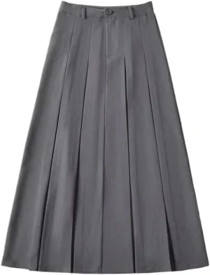 Women's Long Pleated Midi Skirt British Style Zipper High-Waisted Ankle-Length A-line