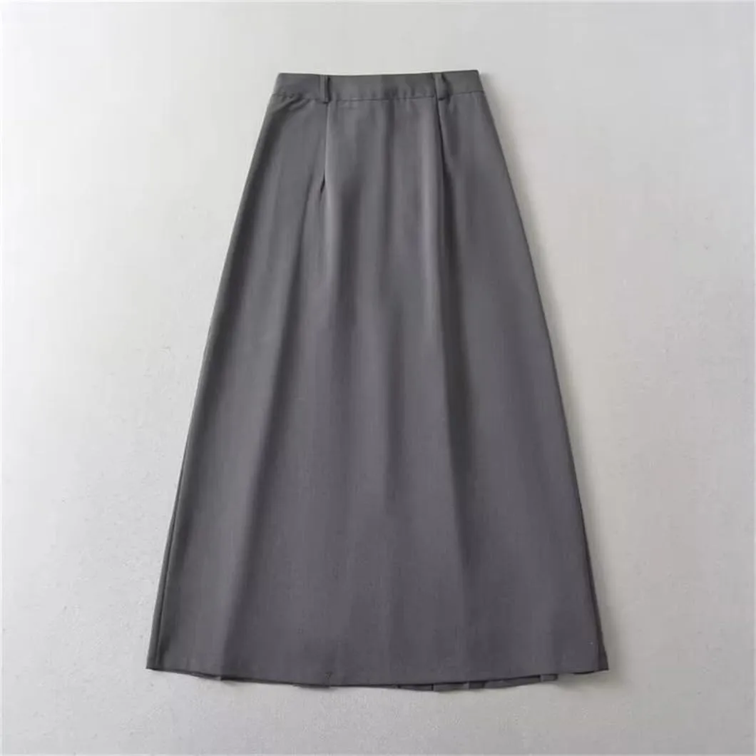Women's Long Pleated Midi Skirt British Style Zipper High-Waisted Ankle-Length A-line