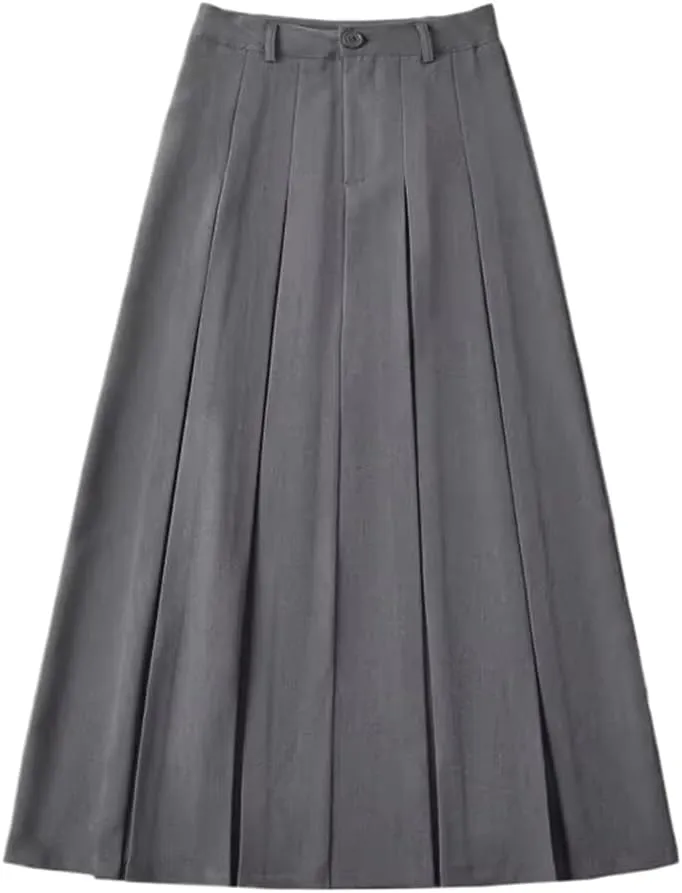 Women's Long Pleated Midi Skirt British Style Zipper High-Waisted Ankle-Length A-line