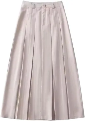 Women's Long Pleated Midi Skirt British Style Zipper High-Waisted Ankle-Length A-line