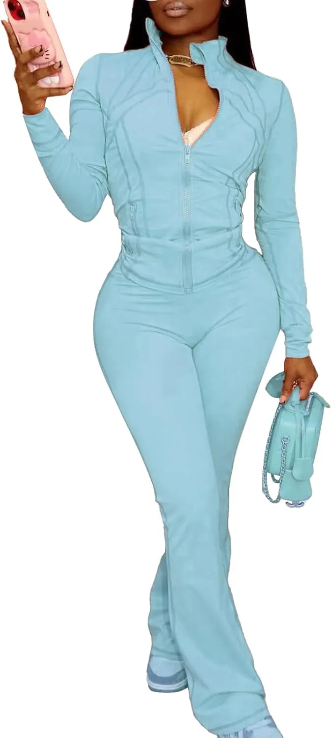 Womens Lounge 2 Piece Outfits Long Sleeve High Neck Zipper Jacket Top Flare Pants Tracksuits Workout Set
