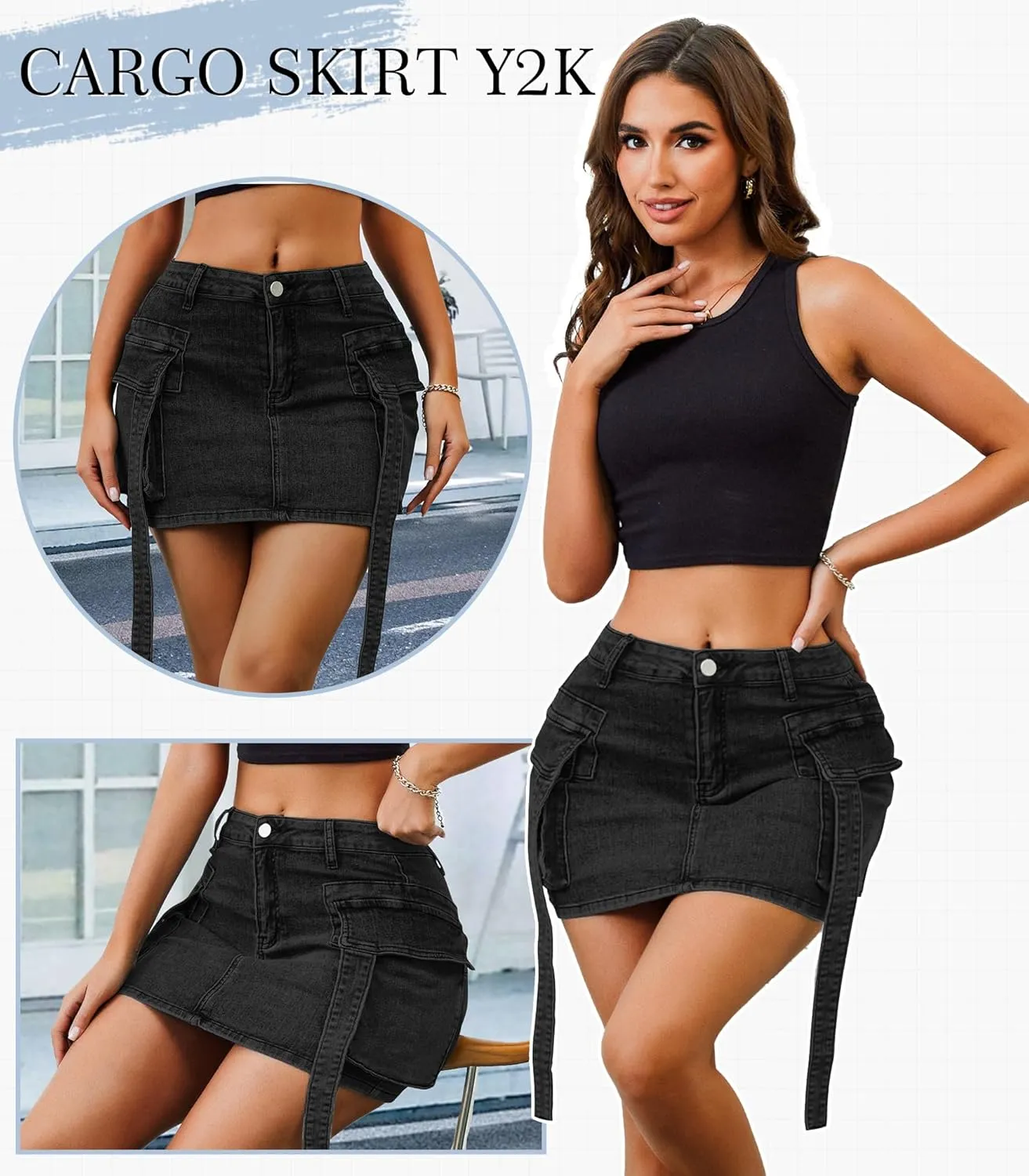 Womens Low Waist Denim Skirt Button Mini Cargo Jean Y2K Skirts with Pockets