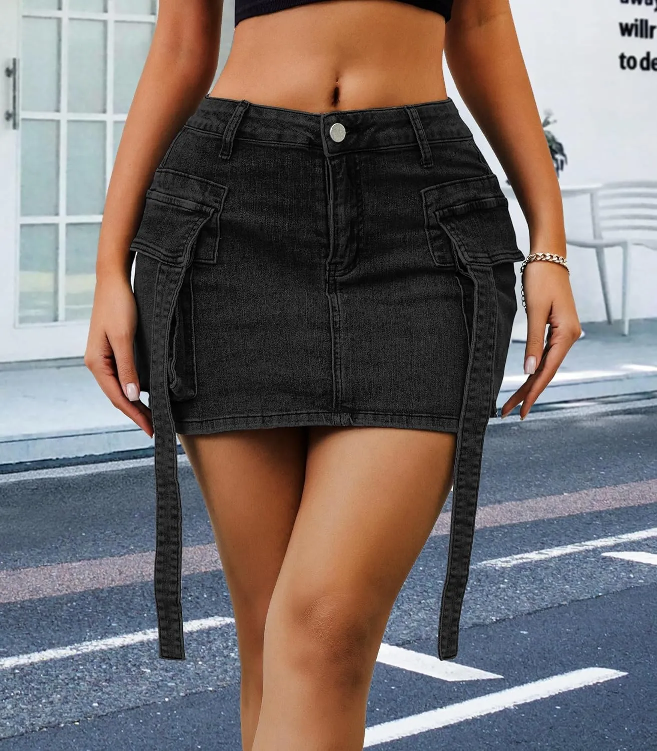 Womens Low Waist Denim Skirt Button Mini Cargo Jean Y2K Skirts with Pockets
