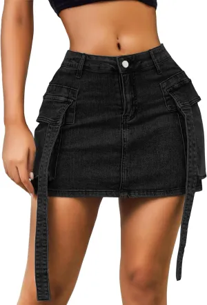 Womens Low Waist Denim Skirt Button Mini Cargo Jean Y2K Skirts with Pockets