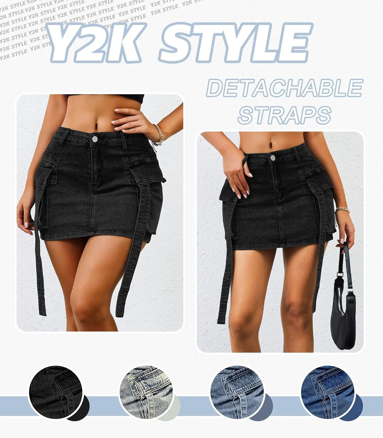 Womens Low Waist Denim Skirt Button Mini Cargo Jean Y2K Skirts with Pockets
