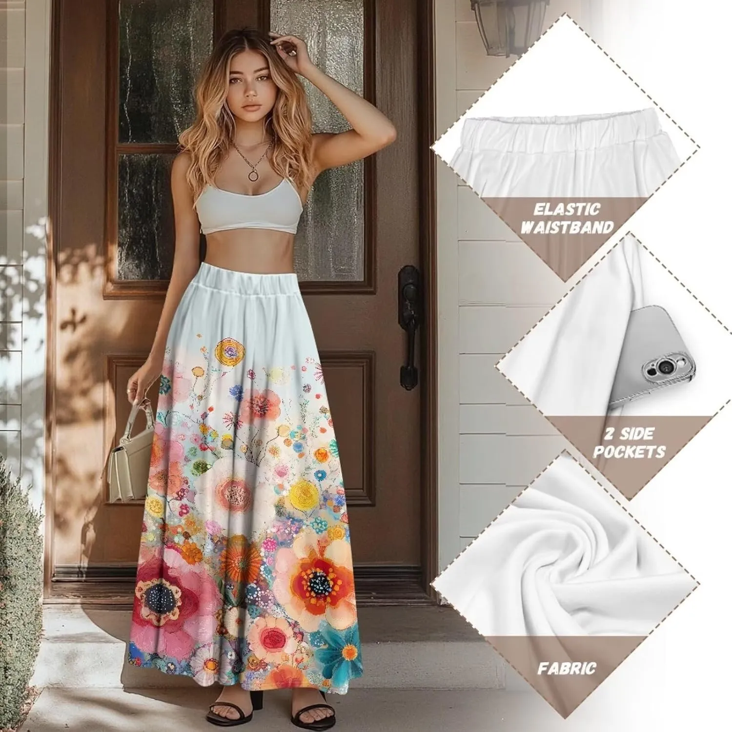Women's Maxi Skirt Summer Pleated High Waisted Casual Long Skirts with Pockets S M L XL 2XL