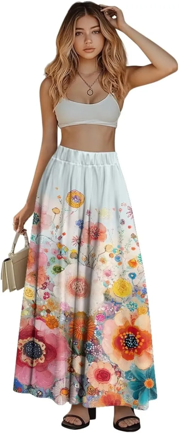 Women's Maxi Skirt Summer Pleated High Waisted Casual Long Skirts with Pockets S M L XL 2XL