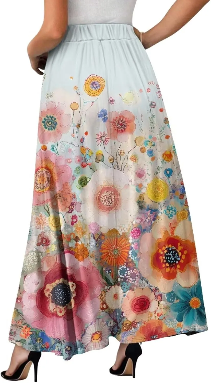 Women's Maxi Skirt Summer Pleated High Waisted Casual Long Skirts with Pockets S M L XL 2XL