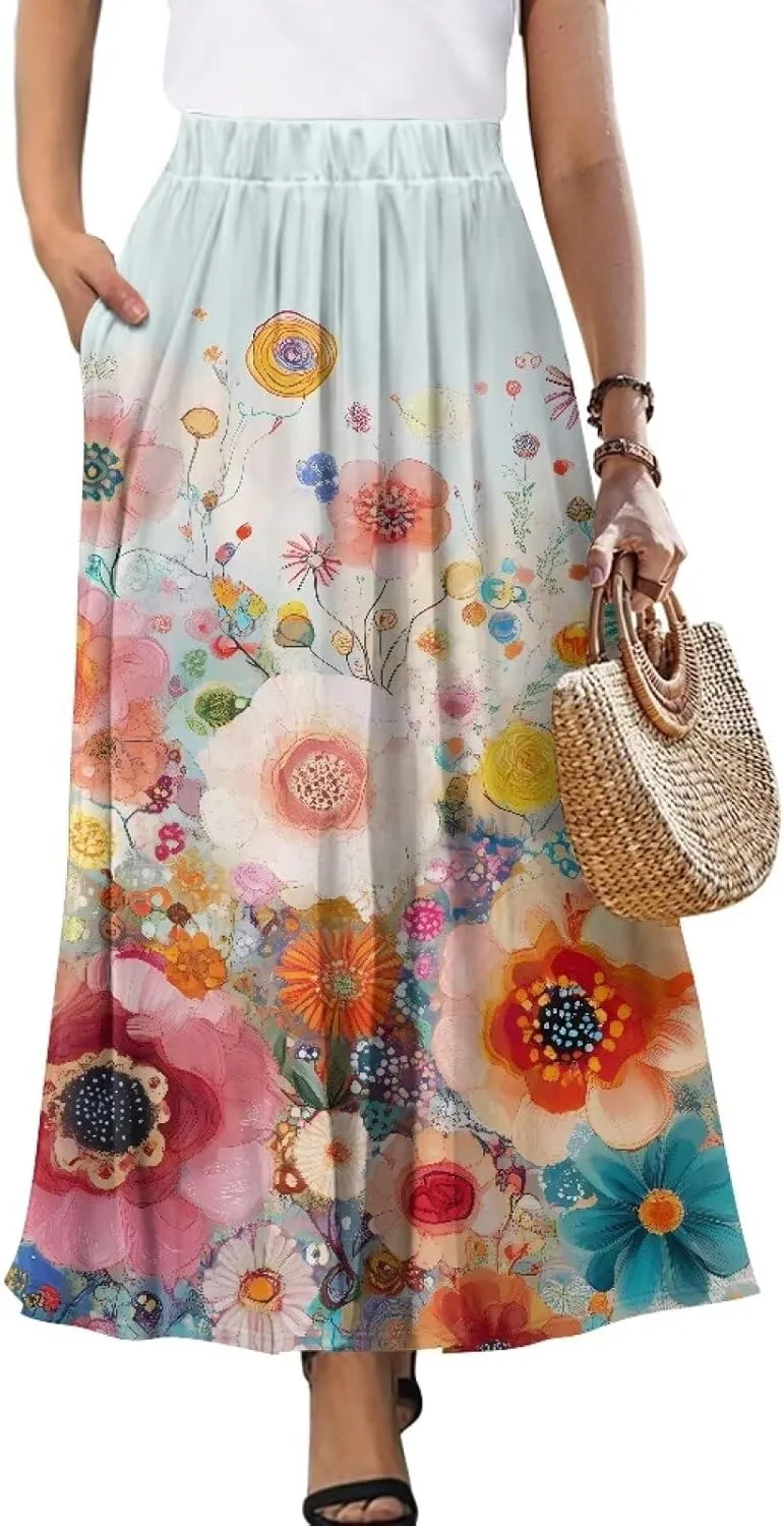 Women's Maxi Skirt Summer Pleated High Waisted Casual Long Skirts with Pockets S M L XL 2XL