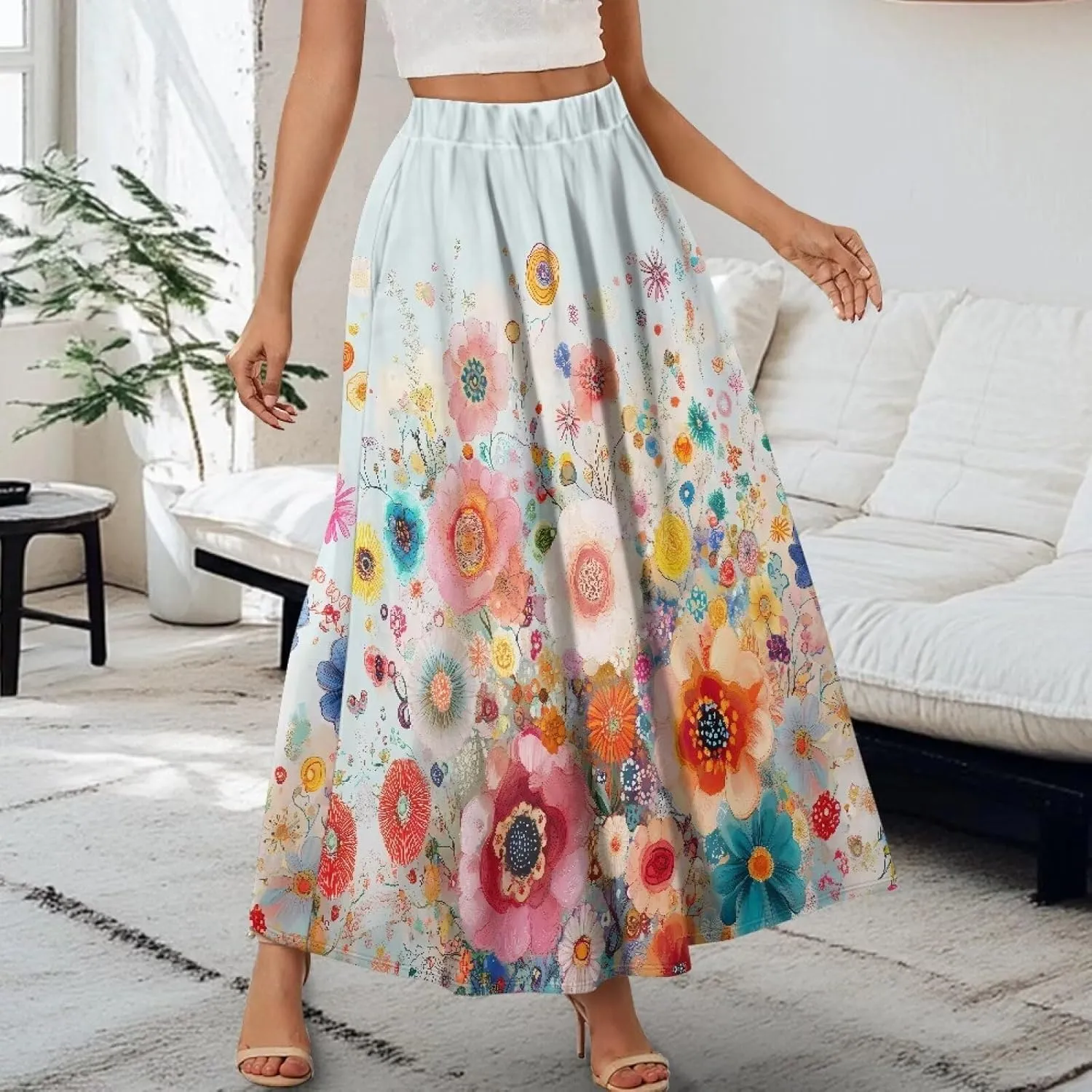 Women's Maxi Skirt Summer Pleated High Waisted Casual Long Skirts with Pockets S M L XL 2XL