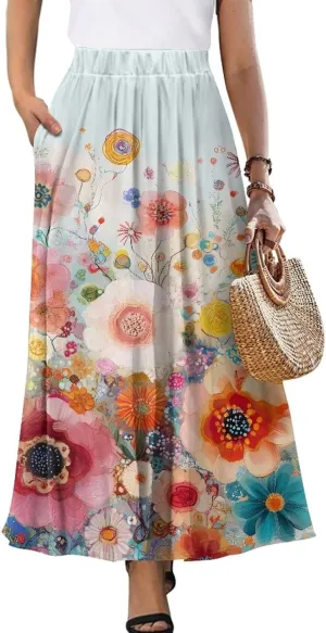 Women's Maxi Skirt Summer Pleated High Waisted Casual Long Skirts with Pockets S M L XL 2XL