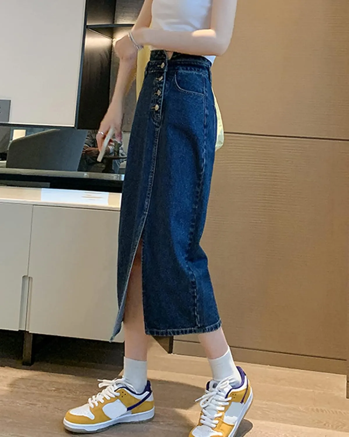 Women's Pencil Jeans Skirt Ladies Casual High Waisted Solid Button Up Denim Maxi Skirt