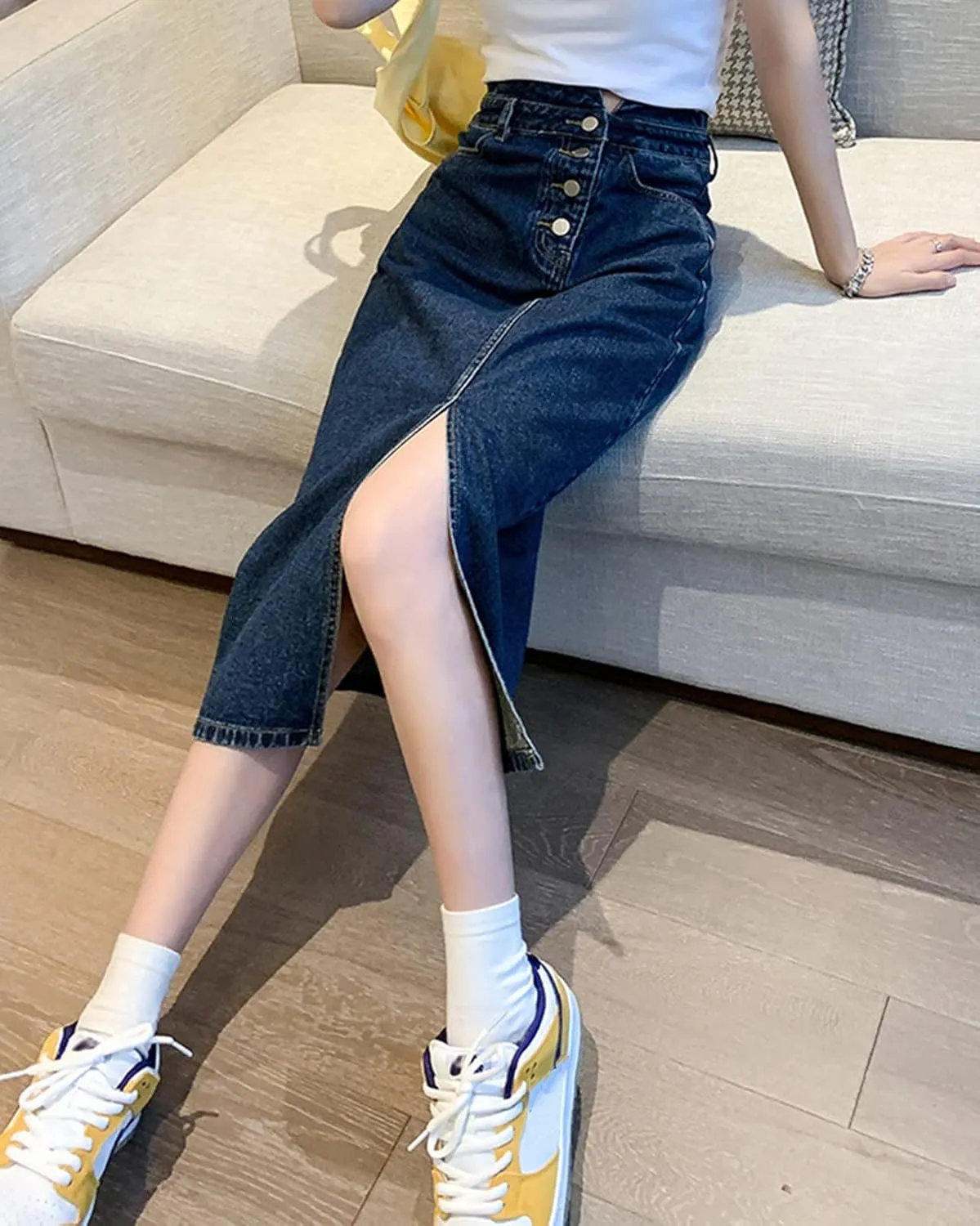 Women's Pencil Jeans Skirt Ladies Casual High Waisted Solid Button Up Denim Maxi Skirt