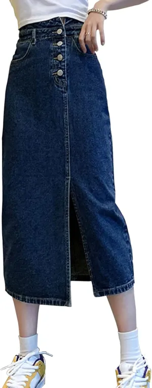 Women's Pencil Jeans Skirt Ladies Casual High Waisted Solid Button Up Denim Maxi Skirt