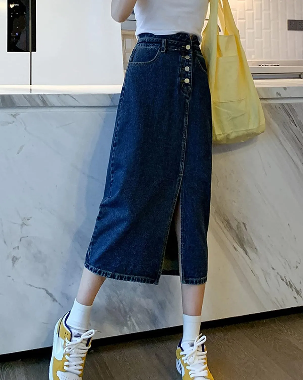 Women's Pencil Jeans Skirt Ladies Casual High Waisted Solid Button Up Denim Maxi Skirt