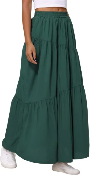 Womens Pleated A-Line Skirt Summer Elastic High Waisted Tiered Casual Long Skirts with Pockets