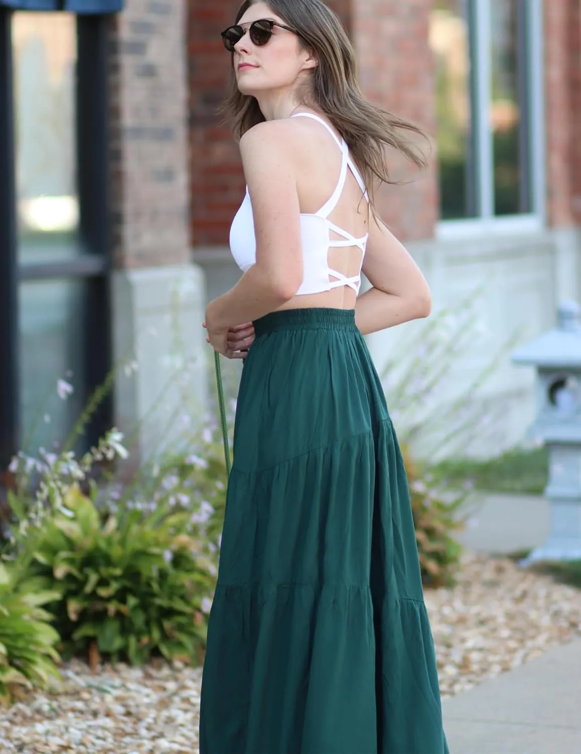 Womens Pleated A-Line Skirt Summer Elastic High Waisted Tiered Casual Long Skirts with Pockets
