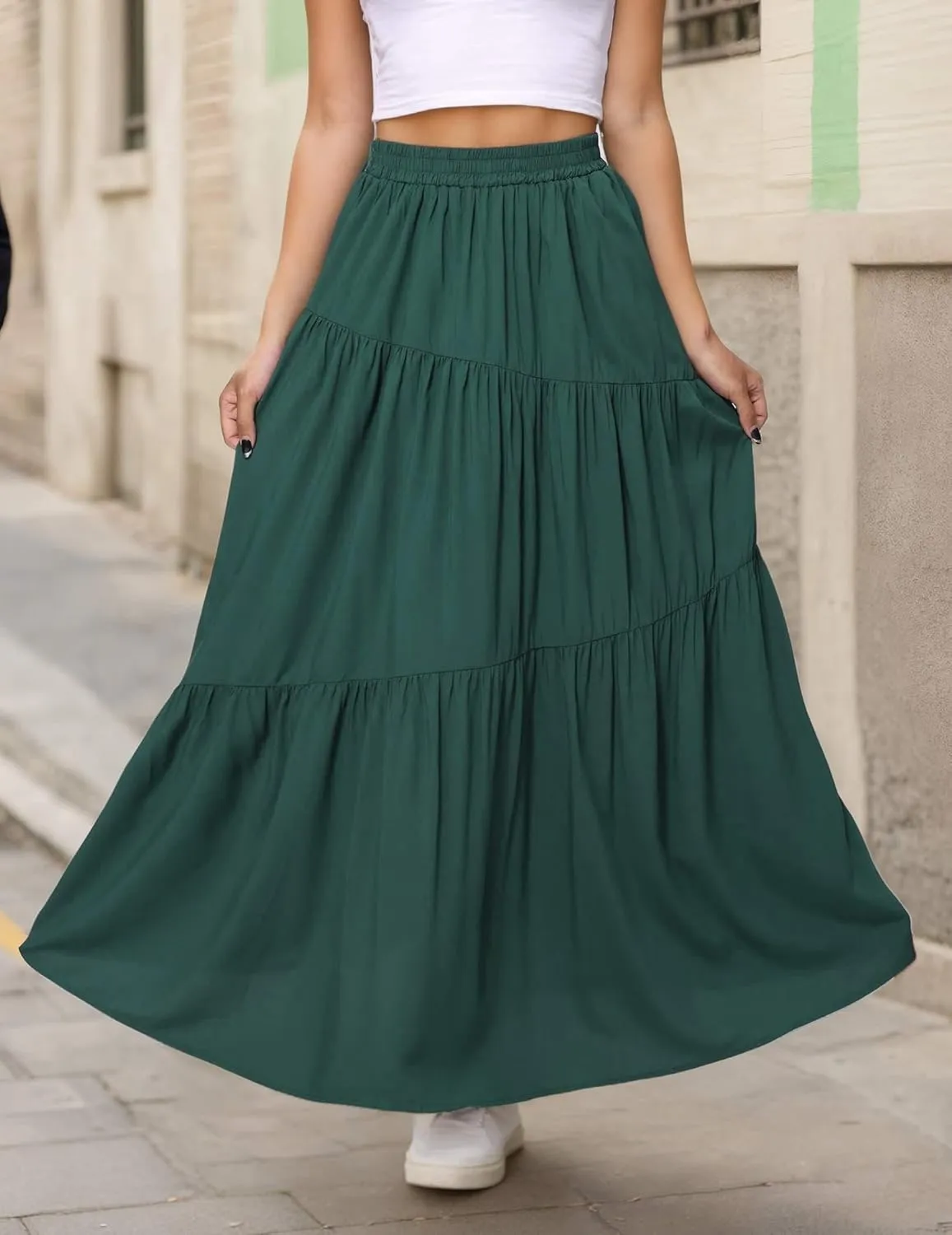 Womens Pleated A-Line Skirt Summer Elastic High Waisted Tiered Casual Long Skirts with Pockets