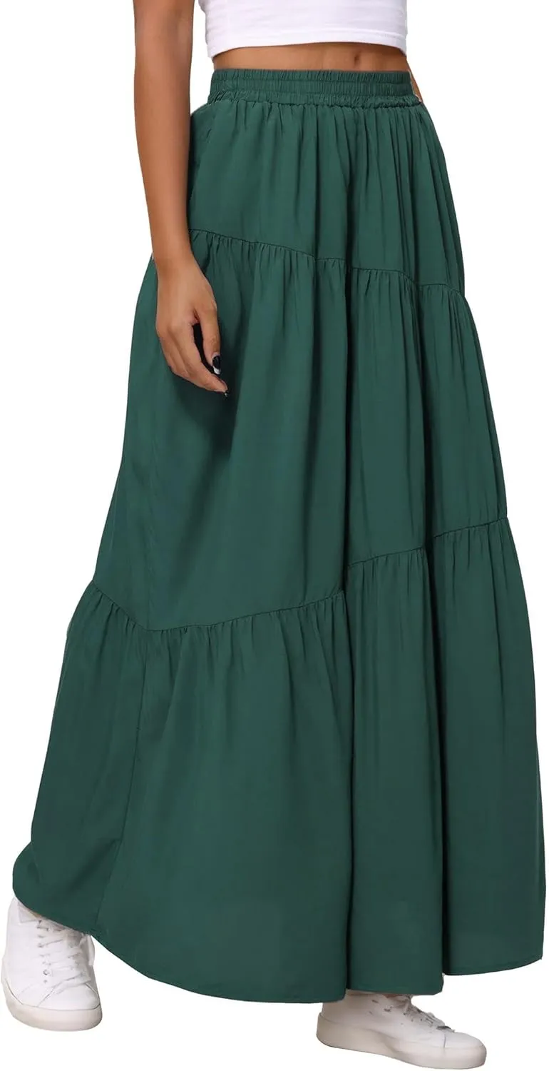 Womens Pleated A-Line Skirt Summer Elastic High Waisted Tiered Casual Long Skirts with Pockets