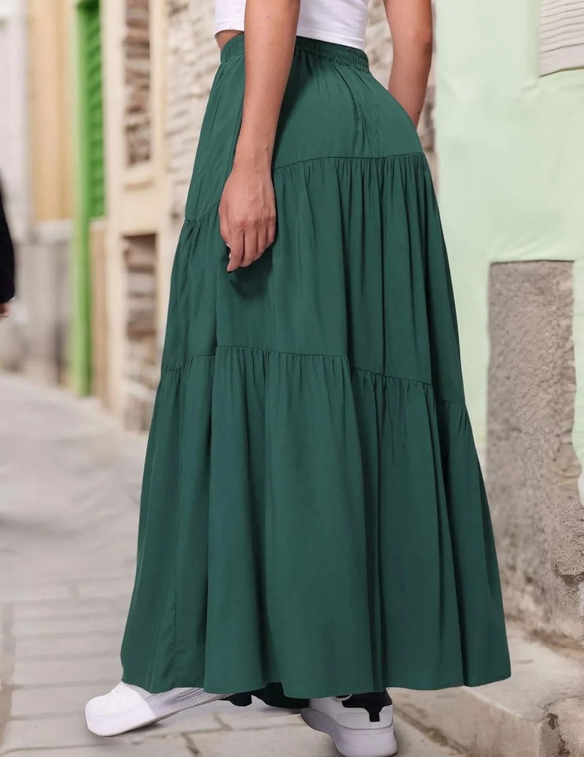 Womens Pleated A-Line Skirt Summer Elastic High Waisted Tiered Casual Long Skirts with Pockets
