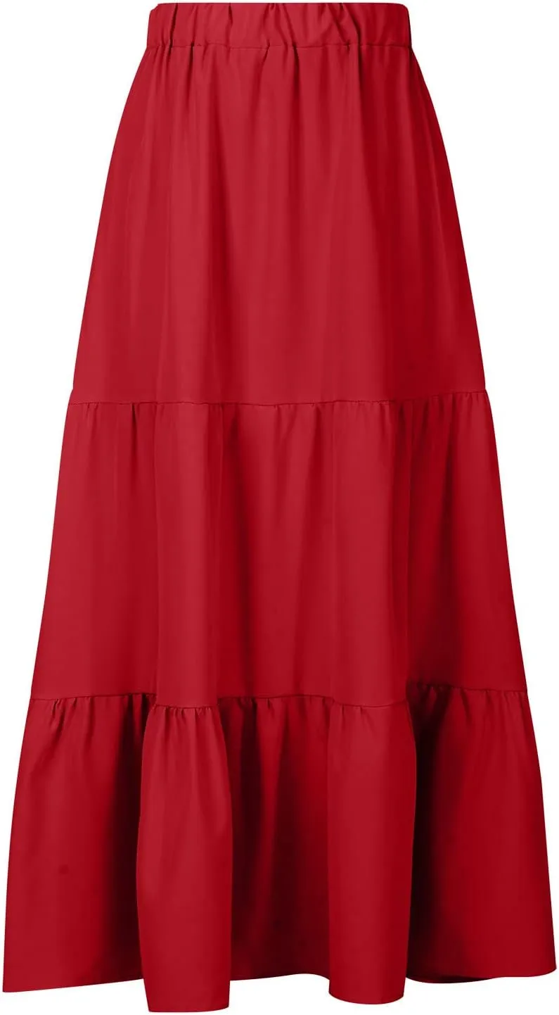 Women's Pleated Midi Skirts 2024 Casual Beach Boho Layered Flowy High Waist A-Line Ruched Swing Long Maxi Skirts