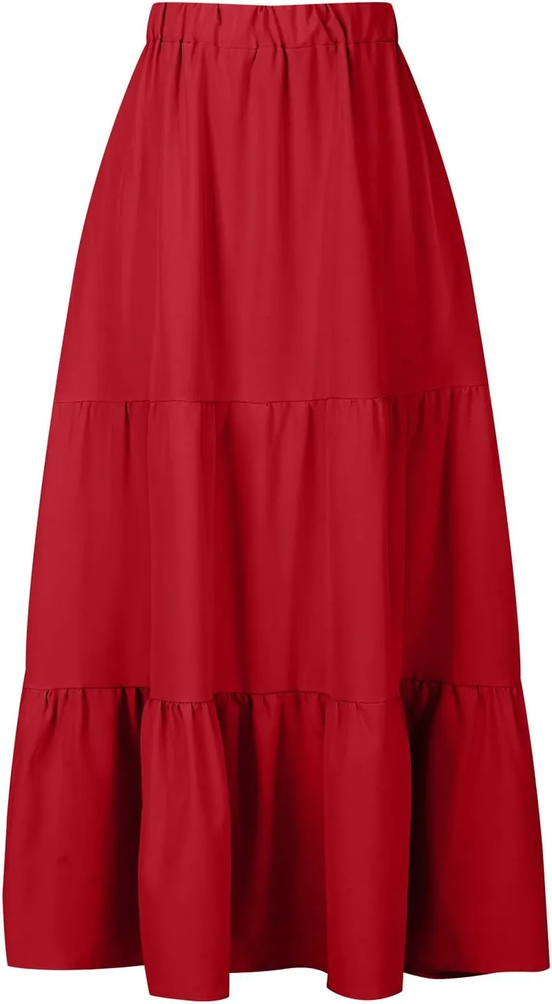 Women's Pleated Midi Skirts 2024 Casual Beach Boho Layered Flowy High Waist A-Line Ruched Swing Long Maxi Skirts